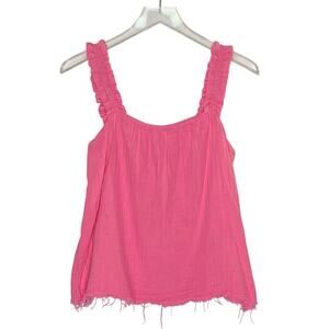 Stark X Hot Pink Tank Top S. Gauzy Textured Ruffle Strap 100% Cotton Raw Hem
